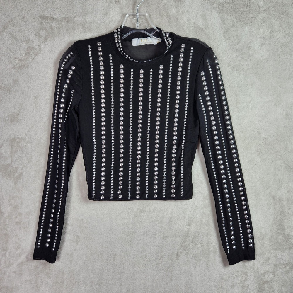 LC Lizette Collection Top Womens Medium Black Studded Mesh Long Sleeve Glam